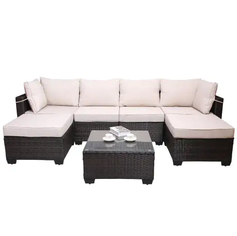 Gartenmöbel für den Außenbereich, 7-teiliges Sofa-Set aus PE-Rattan, gepolstert, mit Korbgeflecht und Couchtisch, Terrassenmöbel-Set, Outdoor-Couch, Outdoor-Couch, Terrassenmöbel, Outdoor-Sofa, Terrassencouch