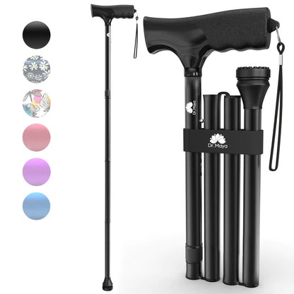 Dr Maya Walking Cane - Foldable Adjustable Walking Stick for Men & Women - Lightweight Collapsible Portable Mobility Aid for Seniors - Comfort Grip Travel-Friendly Adjustable Height - Black