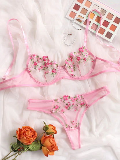 Low Waist Lace Embroidered Bra Set