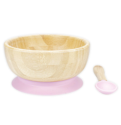 babiesmart Baby Bamboo wooden Bowl and Spoon Feeding Set Removable Silicone Suction Cup for Kids / 12oz / Non-Toxic/Ideal for Baby-Led Weaning (Pink) Small