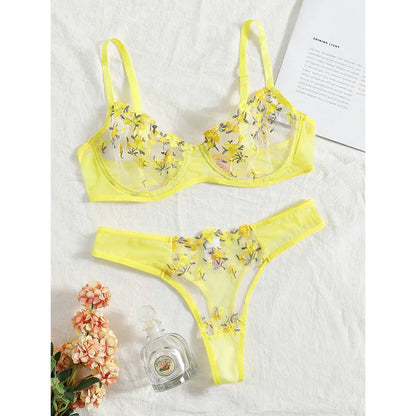 Low Waist Lace Embroidered Bra Set