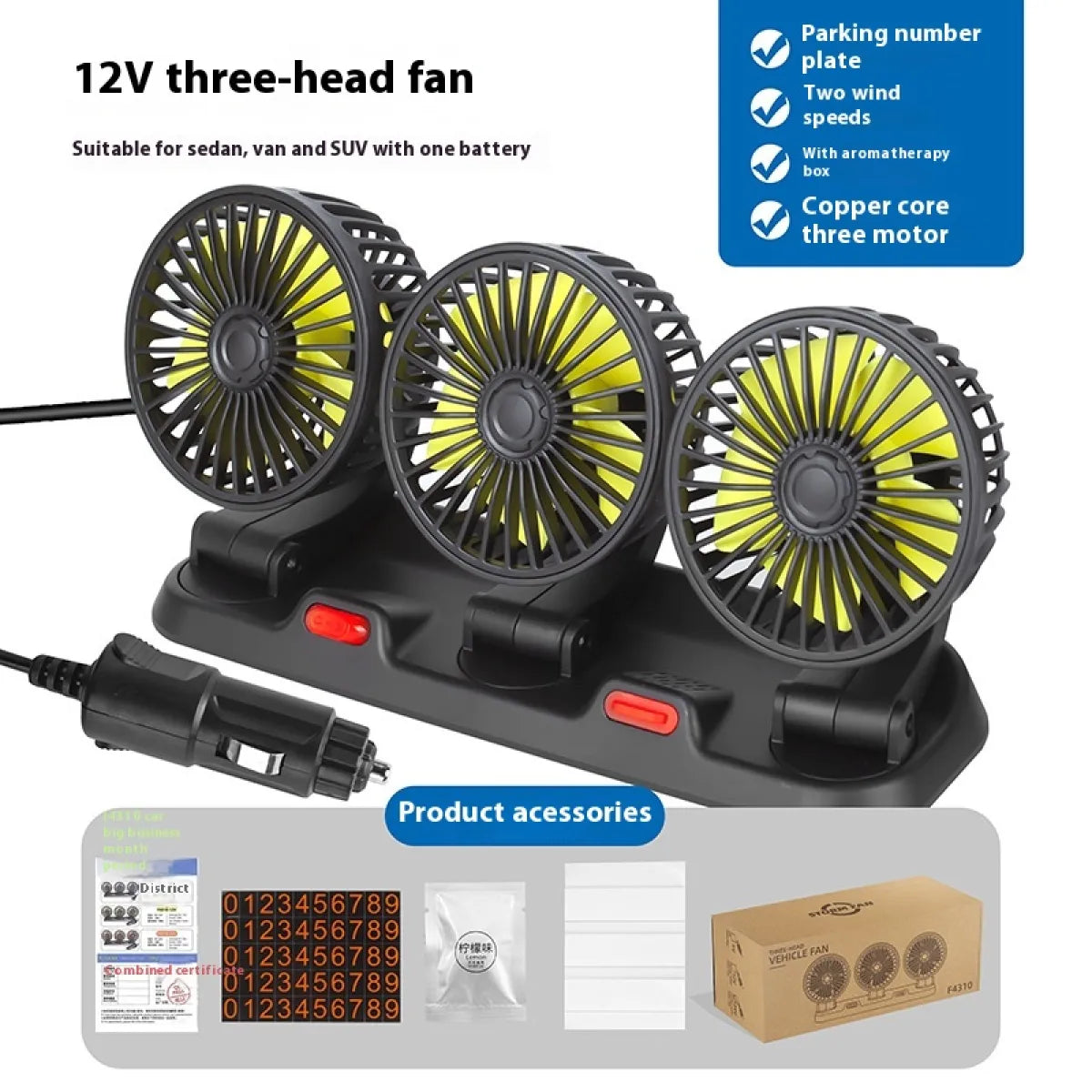 Three-Head Rotating Car Fan