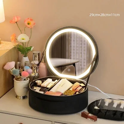 Round Smart LED Makeup Bag With Mirror Lights Women Beauty Bag Large Capacity PU Leather Travel Organizers Cosmetic Case