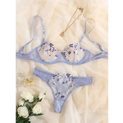 Low Waist Lace Embroidered Bra Set