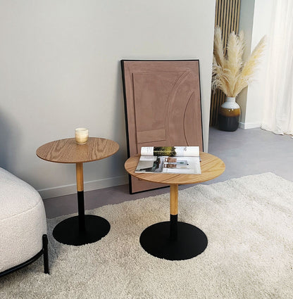 Ronde Design Salontafel 'Dila H40' In Natuurlijke Houtafwerking En Zwart Metaal