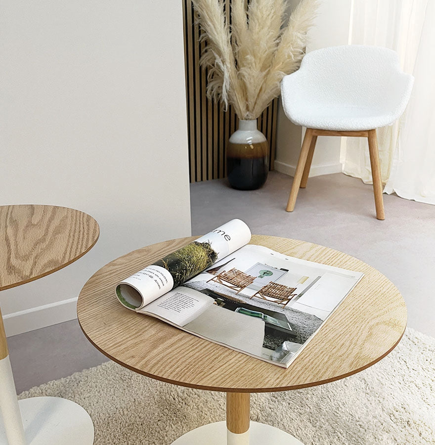 Ronde Design Salontafel 'Dila H40' In Natuurlijke Houtafwerking En Wit Metaal