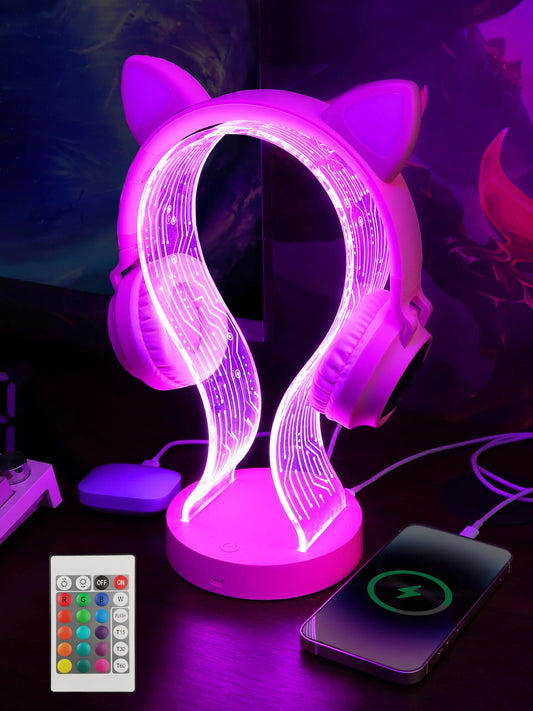 YuanDian Pink Headphone Stand with 1 USB Charging Port and 1 Type-C Charging Ports Desk Gaming Headset Holder 16 Changing Colors with Remote Gift for Gamers Girl and Music Lovers