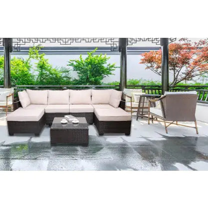 Gartenmöbel für den Außenbereich, 7-teiliges Sofa-Set aus PE-Rattan, gepolstert, mit Korbgeflecht und Couchtisch, Terrassenmöbel-Set, Outdoor-Couch, Outdoor-Couch, Terrassenmöbel, Outdoor-Sofa, Terrassencouch