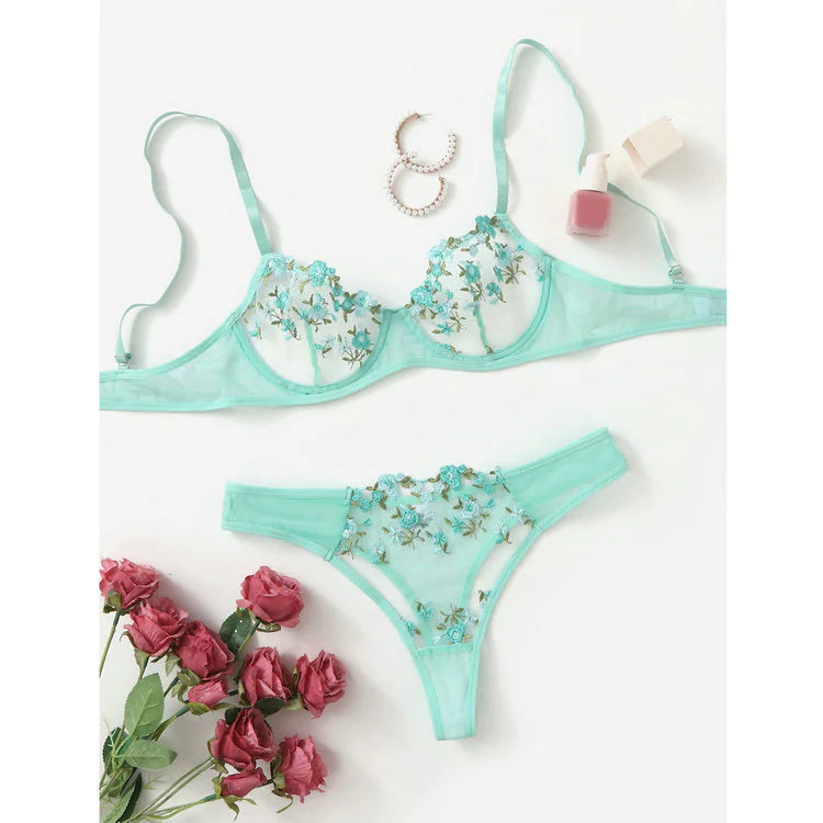 Low Waist Lace Embroidered Bra Set