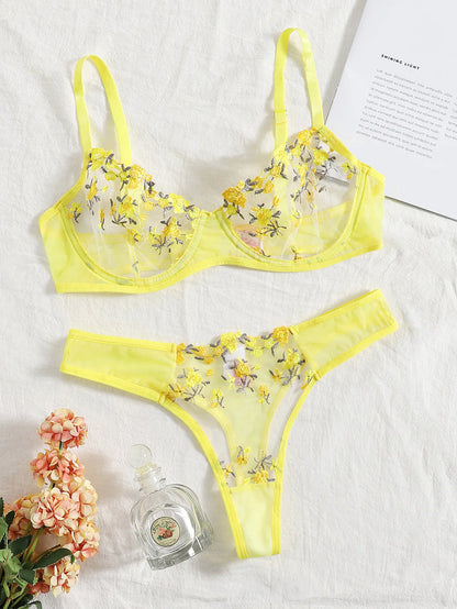 Low Waist Lace Embroidered Bra Set