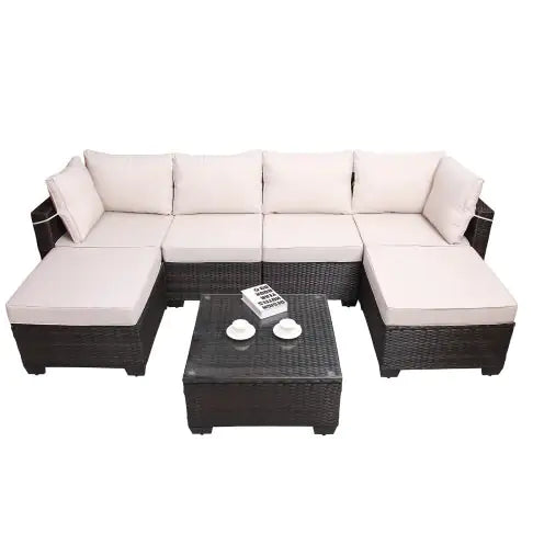 Gartenmöbel für den Außenbereich, 7-teiliges Sofa-Set aus PE-Rattan, gepolstert, mit Korbgeflecht und Couchtisch, Terrassenmöbel-Set, Outdoor-Couch, Outdoor-Couch, Terrassenmöbel, Outdoor-Sofa, Terrassencouch