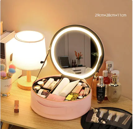 Round Smart LED Makeup Bag With Mirror Lights Women Beauty Bag Large Capacity PU Leather Travel Organizers Cosmetic Case